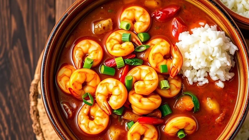 Spicy and Flavorful Shrimp Gumbo Recipe A bowl of Shrimp Gumbo with shrimp, bell peppers, spices, and rice on a rustic table.